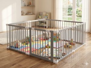 Pre-assembled wooden baby playpen adjustable shape with gate, provide safe, practical and attractive play area for babies and toddlers.